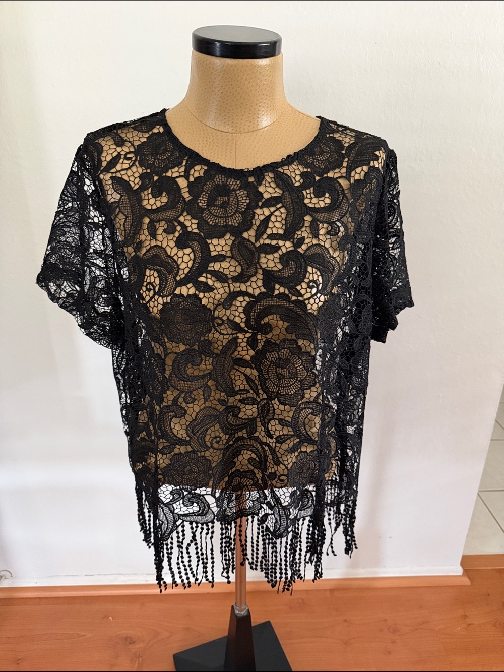Forever 21 Black Sheer Lace Fringe Top